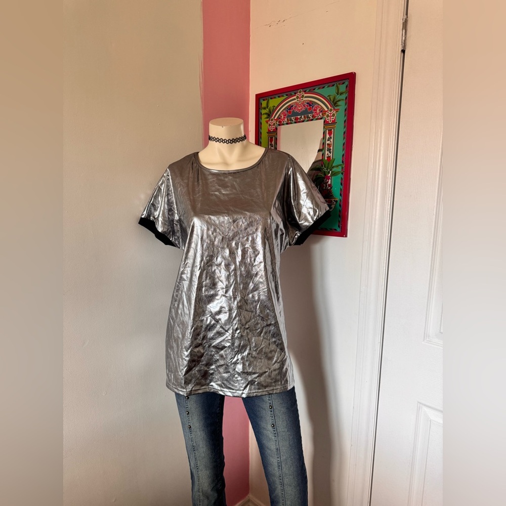 Silver Cyber Y2K Metallic Disco Women's Short Sleeve Top with Black Trim Details